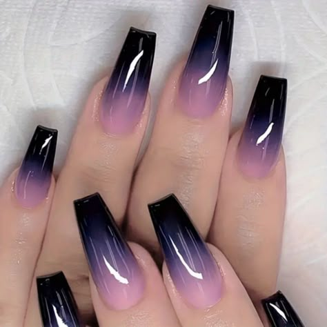 New In Box 24 Pieces Color Tone: Purple-Black Nail Shape: Ballet-Coffin Nail Length: Medium-Long Nail Pattern: Gradient Nail Finishes: Glossy Ongles Beiges, Purple Acrylic Nails, Nagellack Trends, Long Press On Nails, Purple Nail, Coffin Shape Nails, Black Nail Designs, Gradient Nails, Black Nail