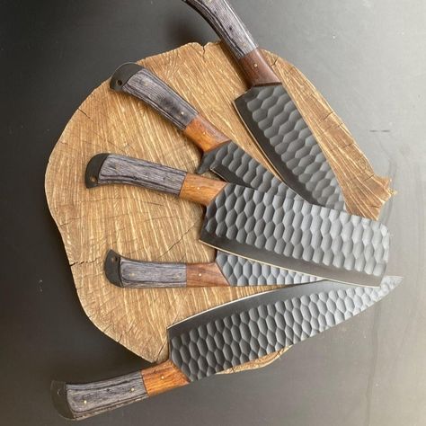 Chef Knives Set 5 Pcs Damascus Steel Blade With Wood Handle Kitchen Knives Set Birthday Gift for Him Father's Day Gifts . Damascus Steel Hand Forged Chef knives set 5 Pcs Dimensions: Overall Length: (12.5", 11.5", 11", 10", 8.5") Blade Length: (8", 7", 6.5", 5.75", 4.5") Handle Length: (4.5", 4.5", 4.5", 4.25", 4") Blade Width: (1.75", 1.25", 2", 1.5", 1.25") Blade Material = (1095 ,15N20 ) Damascus Steel Handle Material: Wood, steel bolster and Mosaic Pin DM or Contact Below Details for Furt... Kitchen Knives Set, Chef Knife Set, Chef Knives, Knife Set Kitchen, Birthday Gift For Him, Kitchen Handles, Chef Knife, Father's Day Gifts, Knife Sets