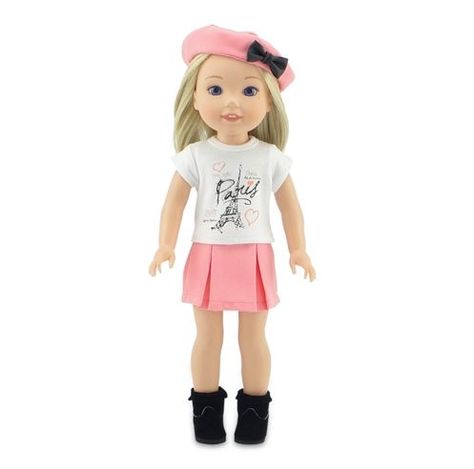 Light Pink Skirt, American Girl Wellie Wishers, Doll Skirt, Pleated Skirt Outfit, Doll Videos, Wellie Wishers Dolls, Pink Gift Box, Emily Rose, Travel Clothes Women