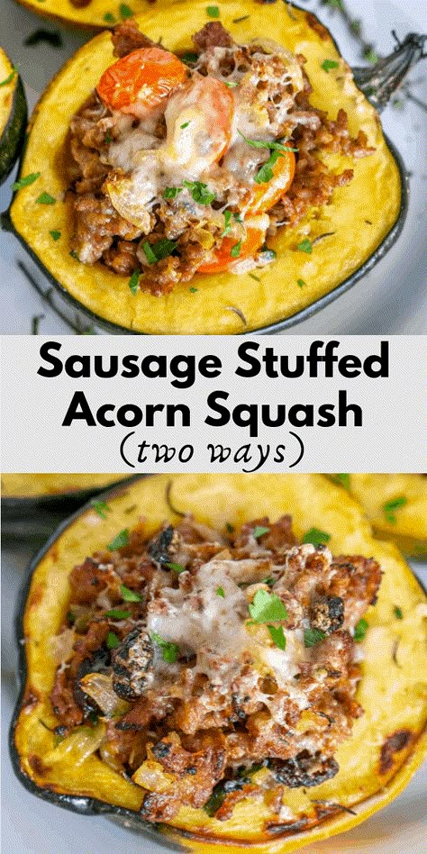 Sausage Stuffed Squash Recipes, Sausage Squash, Squash With Sausage, Squash Sausage Recipe, Easy Stuffed Acorn Squash, Italian Sausage Stuffed Squash, Sausage And Acorn Squash Recipes, Sausage And Rice Stuffed Acorn Squash, Ground Beef Stuffed Acorn Squash Recipes