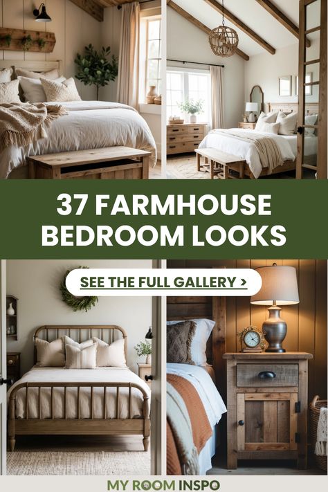 Explore 37 cozy farmhouse bedroom looks featuring rustic design elements. This pin showcases 4 images of beautiful bedroom ideas with vintage decor and inviting accessories to create a warm and welcoming atmosphere. Farmhouse Bed Decor Ideas, Home Town Hgtv Master Bedrooms, Western Farmhouse Decor Bedroom, Farmhouse Layered Bedding, Traditional Farmhouse Bedroom Ideas, Rustic Farmhouse Master Bed, Old Farmhouse Master Bed, Farmhouse Master Bedrooms Decor Ideas, Farmhouse Interior Design Bedrooms