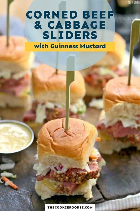 Corn Beef Slider, Corned Beef And Cabbage Sandwich, Corned Beef Sliders Irish, Cornbeef Cabbage Sliders, Corned Beef And Cabbage Sliders, Corned Beef Appetizer, Corned Beef Sandwich Ideas, Corn Beef Sliders, Guinness Mustard