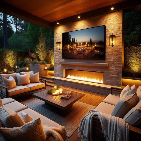 Outdoor Fireplace And Tv Ideas, Outdoor Patio Electric Fireplace, Modern Outdoor Fireplace With Tv, Modern Patio Fireplace, Entertainment House Ideas, Backyard Media Wall, Outdoor Fireplace Designs Modern, Patio Fireplace With Tv, Garden Tv Ideas