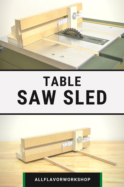 his is a small version of a saw sled. You can easily setup the length and attach additional jigs to make it versatile for a variety of projects. This table saw jig is a must-have for any workshop. Table Saw Jigs Diy, Diy Table Saw Sled, Tablesaw Jigs, Table Saw Crosscut Sled, Table Saw Extension, Home Made Table Saw, Small Table Saw, Cross Cut Sled, Sliding Table Saw