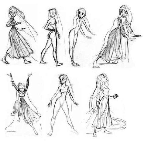 Tangled gestural figure drawing Haircut Cartoon, Tangled Concept Art, Character Design Disney, Disney Art Style, Character Disney, Rapunzel Cosplay, Glen Keane, Character Design Cartoon, School Illustration