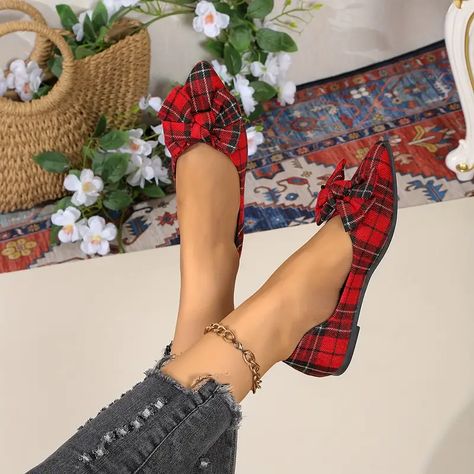 Bow - Temu Boutique Aesthetic, Winter Valentines, Military Ball Gowns, Crochet Two Piece, Goth Cottagecore, Plaid Flats, Back To School Fashion, Bow Flats, Plaid Bow