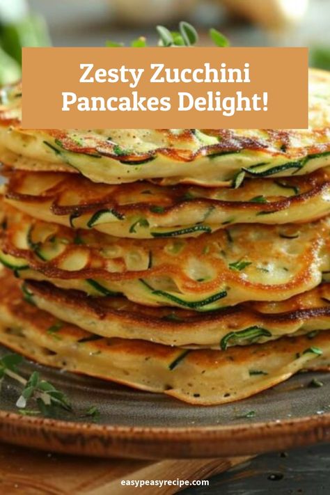 A stack of golden-brown zucchini pancakes garnished with fresh herbs on a wooden plate. Zucchini Pancakes Recipe, Easy Breakfast Treats, Easy Zucchini Recipes, Morning Meals, Zucchini Pancakes, Easy Peasy Recipes, Breakfast Routine, Easy Zucchini, 15 Minute Meals