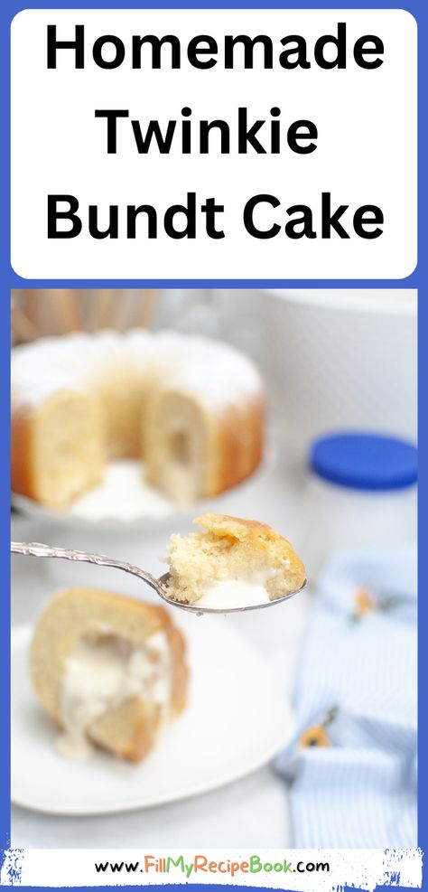 Homemade Twinkie Bundt Cake recipe. An easy fluffy cake with vanilla marshmallow cream filling for a dessert or snack for tea time. Homemade Twinkie Cake, Marshmallow Cream Filling, Twinkie Cake, Vanilla Cream Filling, Chocolate Banana Cake, Cake Bundt, Perfect Chocolate Cake, Baked Cakes, Vanilla Marshmallows