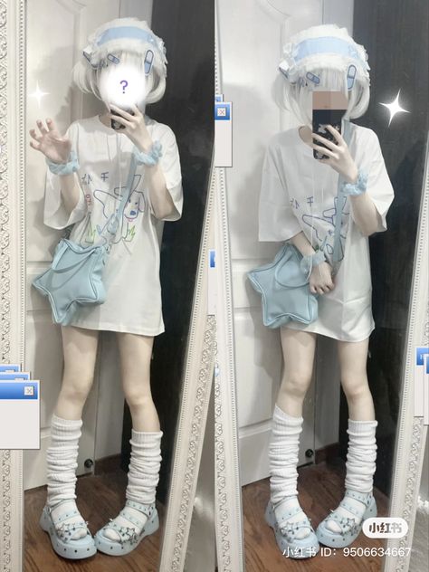 Tenshi Kawaii Style, Tenshi Kawaii Aesthetic, Blue Cutecore Outfit, Mizuiro Kaiwai Outfit, Outfit Ideas Kawaii, Harajuku Outfit, Cutecore Outfit, Black Fluffy Jacket, Clothes Kawaii