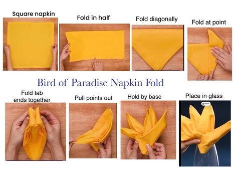 Birds Of Paradise Napkin Fold, Bird Of Paradise Napkin Fold, Folding Napkins, Folding Windows, Napkin Folds, Hawaiian Luau Party, Retail Displays, Napkin Folding, Cloth Napkin