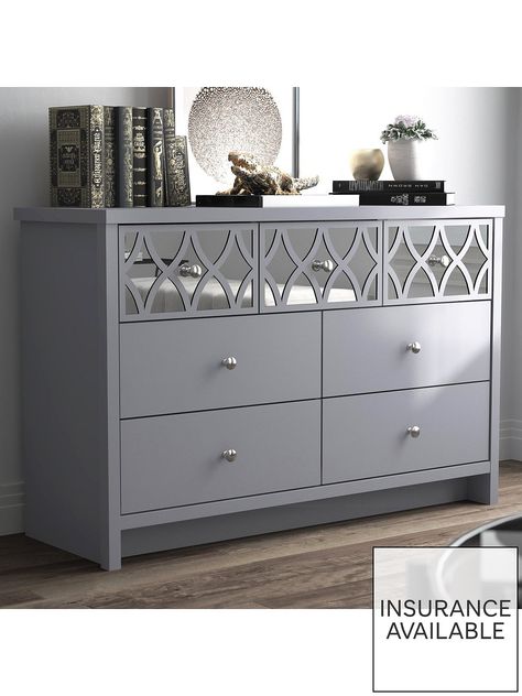 GFW Arianna 3 + 4 Chest of Drawers in Grey or WhiteGive your sleep space a splash of shiny style with this glamorous chest of drawers from GFW's Arianna collection.Stunning in a soft and neutral choice of grey or white, the row of 3 drawers at the top catch the light (not to mention the attention) with reflective mirrored backdrops that are enhanced with curvy trellis overlays.All the drawers are finished with metal knob handles and easy-glide metal runners that keep things smooth even when full of fashion.Get the look with matching Arianna furniture which is available to add separately.Please remember to measure your available space before ordering.Dimensions:Height 73.9, Width 112.6, Depth 39.8 cmAssembly: Self AssemblyDepth: 398 CMHeight: 73.9 CMMaterial Content: Particle BoardWidth: 11 Hallway Landing Ideas, Small Double Bedroom, Large Chest Of Drawers, Parents Bedroom, 4 Drawer Chest, 3 Drawer Chest, Drawer Unit, Household Cleaners, Drawer Chest