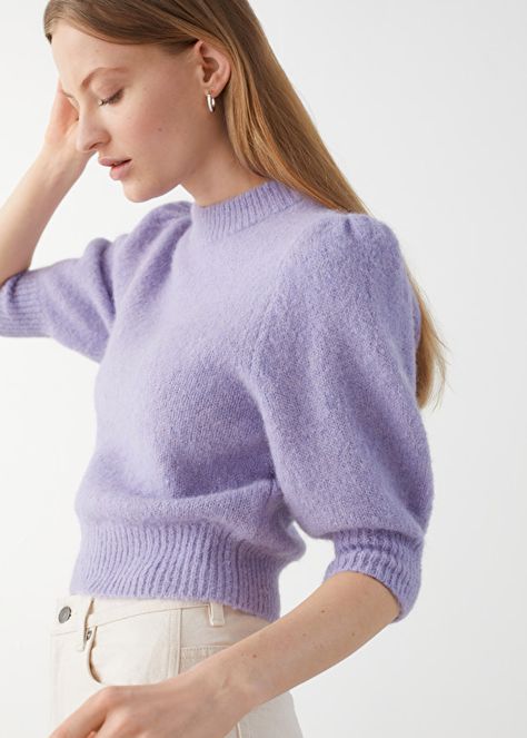 Lilac Sweater Outfit, Trendy Lavender Winter Sweater, Lilac Knit Sweater Outfit, Sweaters Western, Fitted Lavender Winter Sweater, Fitted Purple Knitted Sweater, Lilac Sweater, Purple Hand-knitted Winter Sweater, Velvet Rose