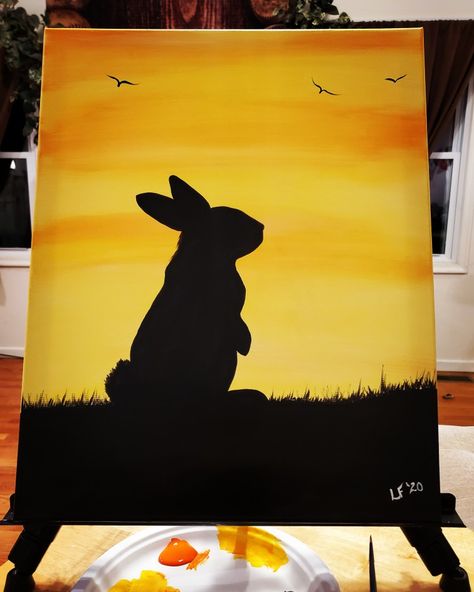 Spring Sunset Painting, Easter Easy Paintings, Easy Spring Canvas Painting, Easy Silhouette Drawing Ideas, Silloute Painting, Siloette Ideas Painting, Easter Canvas Painting Ideas Easy, Silhouettes Paintings, Bunny Painting Easy