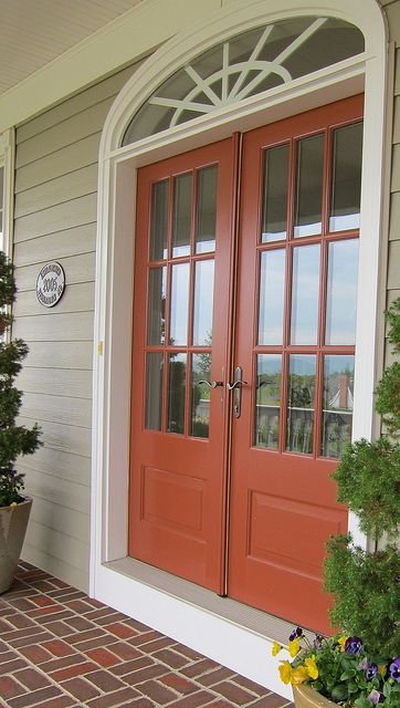 Orange Front Door Colors, Painted Front Door Ideas, Orange Front Door, Cottage Colors, Orange Front Doors, Tan House, Orange Door, Front Door Paint Colors, Door Colors