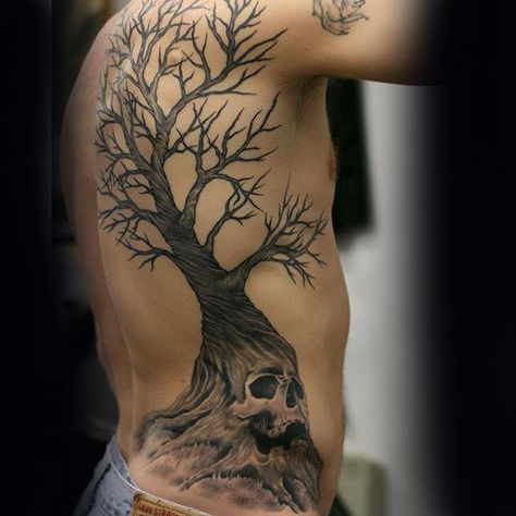 Man With Skull Tree Rib Cage Side And Back Tattoos Tree Of Life Tattoo Ribs, Side Tattoos Men Ribs, Tree On Ribs Tattoo, Scottish Tree Of Life Tattoo, Tree Back Tattoos, Side Rib Tattoo Men, Tree Chest Tattoo, Rib Cage Tattoos For Men, Side Tattoos For Men Ribs