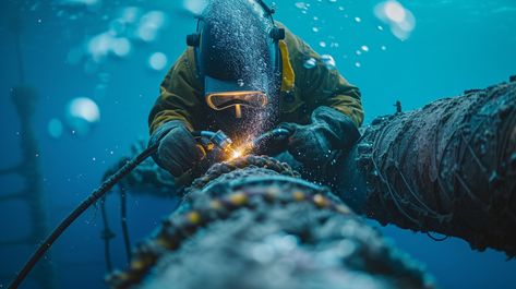 Underwater Welding Operation: A skilled #diver performs precise #underwater welding on a submerged #pipeline in a deep blue #ocean. #aiart #aiphoto #stockcake ⬇️ Download and 📝 Prompt 👉 https://stockcake.com/i/underwater-welding-operation_257253_50475 Underwater Welding, Underwater Welder, Deep Blue Ocean, Arc Welding, Deep Blue Sea, Diver, Blue Sea, Blue Ocean, The Deep