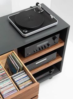 Stereo Cabinet Ideas, Vinyl Record Furniture, Audio Furniture, Hifi Furniture, Audio Cabinet, Home Music Rooms, Stereo Console, Modern Media Console, Vinyl Room