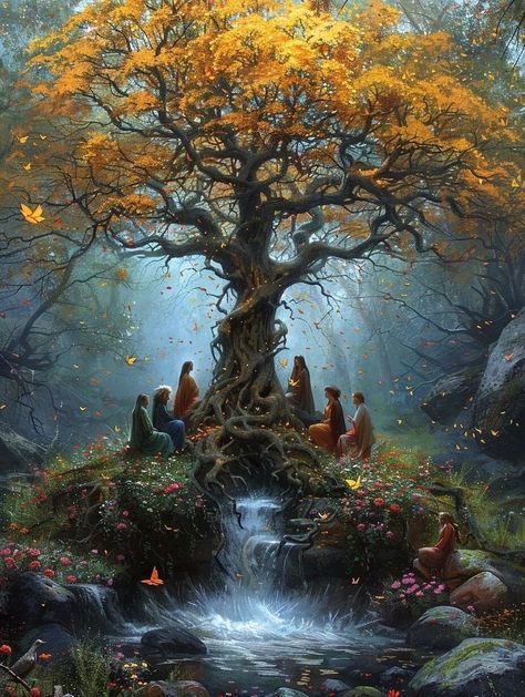 Gaia (Final Fantasy VII) Pagan Fantasy Art, Magic Tree Fantasy Art, World Tree Fantasy Art, Magical Tree Concept Art, Tree Of Life Fantasy Art, Ancient Tree Fantasy Art, Forest Fairy Aesthetic, Shaman Woman, Mists Of Avalon