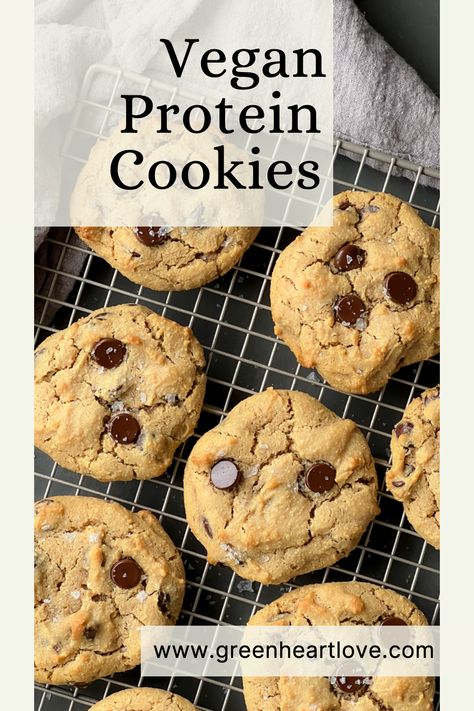 Vegan protein cookies with chocolate chips on a wire rack. Easy Vegan Protein, Vegan Protein Cookies, Protein Powder Cookies, Vegan Chocolate Chips, Vegan Protein Powder, Salt Flakes, Wellness Goals, Protein Cookies, Gluten Free Treats