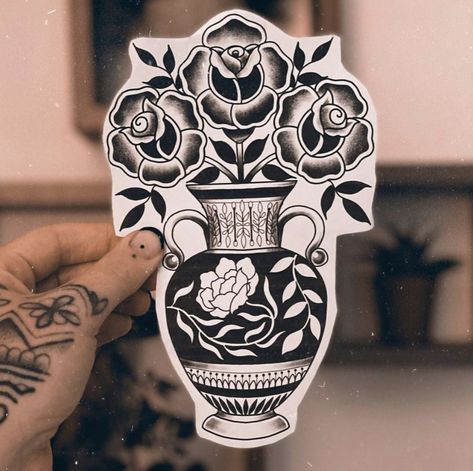 Traditional Tattoo Vase, Traditional Tattoo Cover Up, Vase Tattoo, Traditional Tattoo Inspiration, Traditional Tattoo Flowers, Torso Tattoos, Tattoo Old School, Bull Tattoos, Traditional Tattoo Sleeve