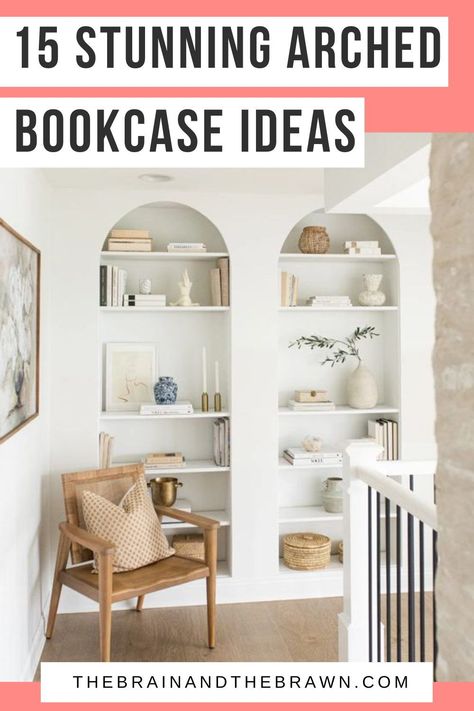 Bookshelf With Arch, Diy Arched Shelves, Arched Built Ins Fireplace, Arched Bookshelves, Alcove Bookshelves, Round Bookshelf, Black Glass Cabinet, Bookcase Inspiration, Bookshelves Living Room