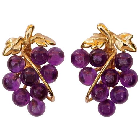 Grape Design, Grape Earrings, Vintage Stud Earrings, Vine Leaves, Gold Necklace Designs, Design Earrings, Amethyst Earrings, Pierced Ears, Necklace Designs