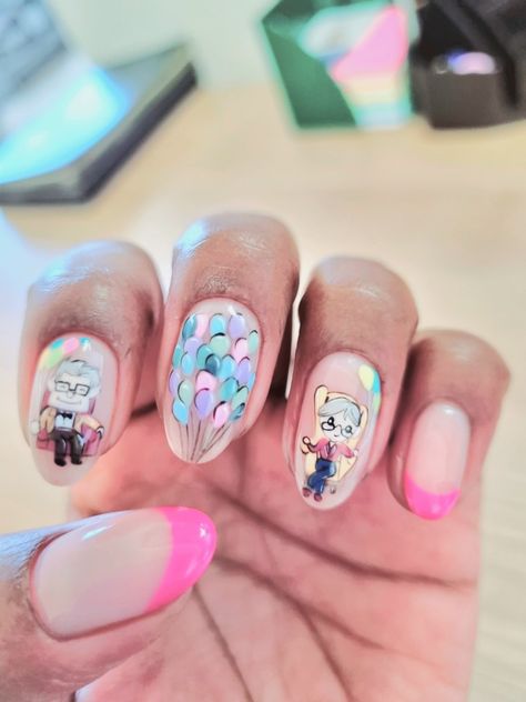 Gel colors on natural nails. Painted by hand from my ideas saved on my Nail Inspo Board. Talented nail technician. Character Nail Art, Carl And Ellie, Themed Nails, Disney Nails, Different Art, Up Nails, Inspo Board, Nail Inspiration, Nail Tech