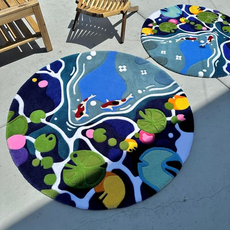 Custom Vibrant Koi Design Round Rug Hand-tufted Soft Acrylic Artistic, Made to Order Home Decor - Etsy Koi Pond Rug, Latch Hook Rugs Patterns Free, Rug Tufting Aesthetic, Cute Rug Tufting Ideas, Small Tufted Rug, Tufting Projects, Tufted Rug Design, Rugs Tufting, Tufting Art