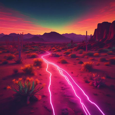 "Neon Desert Lights" by Ambie user IdyllicCinematographer Neon Landscape, Neon Desert, Neon Desert Aesthetic, Night Desert Aesthetic, Desert Bedding, Desert Neon Aesthetic, Desert Vaporwave, Nighttime Desert Aesthetic, Desert Party