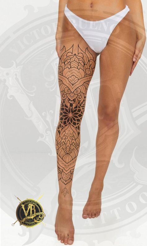 Ladies Shin Tattoo, Outer Leg Tattoo, Ornamental Ankle Tattoo, Ornamental Tattoo Leg, Leg Mandala Tattoo, Tattoo Tibia, Women’s Leg Sleeve, Feminine Leg Sleeve Tattoo, Behind Leg Tattoo Thighs