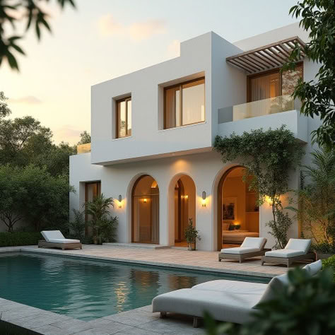 dream house with white stucco, arched windows, warm lighting, a lush garden, and crystal clear pool #AI #dreamhouse #modernhouse White Stucco House, Portugal House, Stucco Homes, Vung Tau, Warm Lighting, European House, Arched Windows, Lush Garden, Pool House