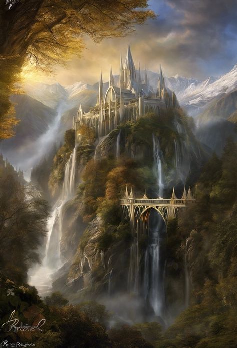 Lord Of The Rings Elf City, Elven City Fantasy Art, Lord Of The Rings Elves Aesthetic, Fantasy Elven City, Rivendell Wallpaper, Hobbiton Aesthetic, Rivendell Lotr, Rivendell Art, Lotr Rivendell