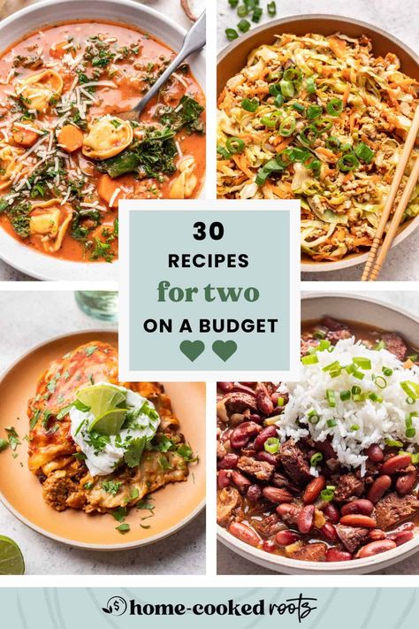 If you're shopping on a tight budget, you'll love these recipes for two on a budget! Plus, I'll teach you how to halve a recipe, avoid food waste, and meal plan with cheap pantry staples to save as much money as possible. Example meal plans for two included! Meal Budget For Two, Cheap And Easy Meals For One, Dinner For Two On A Budget, Easy Dinner For Two Cheap, Small Family Meals Dinners, 2 Week Meal Plan On A Budget For Two, Cheap 2 Person Meals, Budget Recipes For Two, Meal Planning For Couples