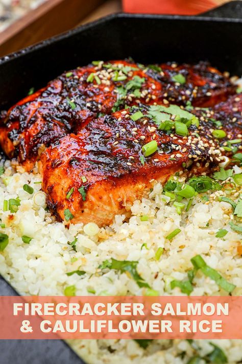 Firecracker Salmon & Cauliflower Rice Recipe - Seonkyoung Longest Fire Cracker Salmon Recipe, Salmon And Cauliflower, Salmon And Cauliflower Rice, Salmon With Cauliflower Rice, Firecracker Salmon Recipes, Firecracker Salmon, Spicy Garlic Shrimp, Seonkyoung Longest, Salmon Steak