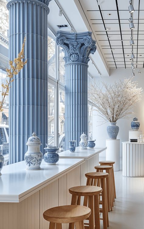 "Blue Column: A Modern Café Experience" :: Behance Kitchen Interior Themes, Cafe Themes Interior Design, Amalfi Interior Design, Blue Coffee Shop Aesthetic, Blue Cafe Design, Blue Cafe Aesthetic, Luxury Cafeteria, Greece Interior Design, Cafe Design Interior