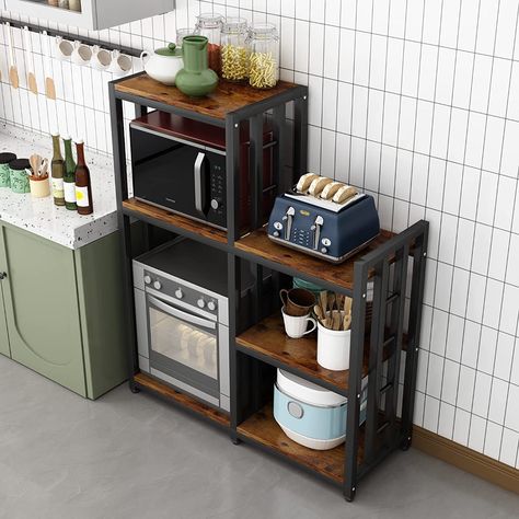 Kitchen Storage Carts, Kitchen Storage Standing Shelves, Kitchen Microwave Cabinet Free Standing, Microwave Rack Ideas Small Spaces, Small Kitchen Storage Shelves, Microwave Stand With Storage, Microwave Cart Ideas Kitchen Storage, Free Standing Kitchen Ideas, Kitchen Stands Ideas