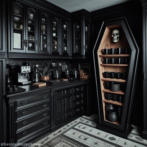 All Posts • Instagram Goth Cabinets, Black And Pink Goth Room, Gothic House Kitchen, Country Gothic Aesthetic House, Goth Barndominium, Goth Craft Room, Dark Home Ideas, Goth Coffee Shop, Gothic Shelving