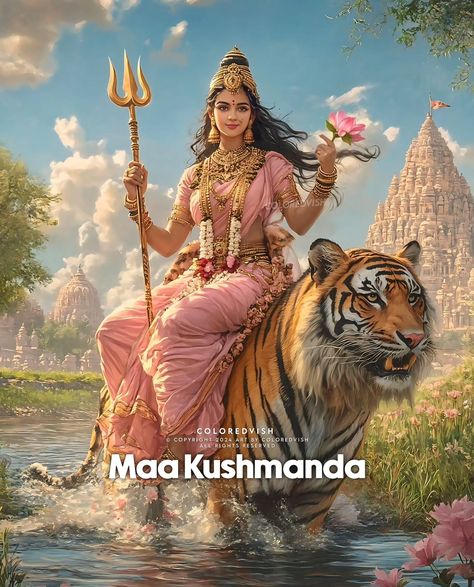 Day 4 of Navratri 🌞 Today, we celebrate Maa Kushmanda – the creator of the universe, who brings light and life with her radiant smile. She is the goddess of abundance, vitality, and infinite energy. May her divine blessings fill our lives with positivity, strength, and prosperity. 🙏 #Navratri #Day4 #MaaKushmanda #CosmicEnergy #NavDurga #GoddessOfCreation #DivineLight #Shakti #Navratri2024 #AbundanceAndPositivity #FestiveVibes Maa Kushmanda, Indian Goddesses, Creator Of The Universe, Lord Photo, Shiva Painting, Indian Goddess, Goddess Artwork, Divine Light, Cosmic Energy