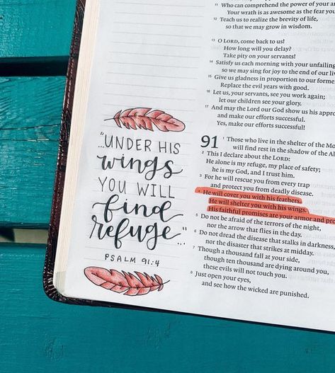 Psalms 91 4, Bible Highlighting, Journal Bible Quotes, Bible Journal Notebooks, Under His Wings, Bible Journaling Ideas Drawings, Bible Doodling, Bible Journal Notes, Niv Bible