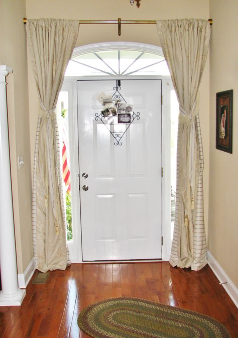 Front door curtain Front Door Curtain Ideas, Front Door With Side Lights, Window Door Coverings, Front Door Window Curtains, Door Curtain Ideas, Front Door Curtain, Curtains For Doors, Curtain Rod Ideas, Contemporary Home Office Furniture