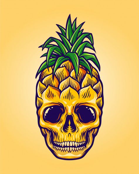 Pineapple Skull Art, Pineapple Drawings, Pinapple Art, Pineapple Artwork, Pineapple Character, Skull Pineapple, Pineapple Cartoon, Summer Character, Pineapple Skull