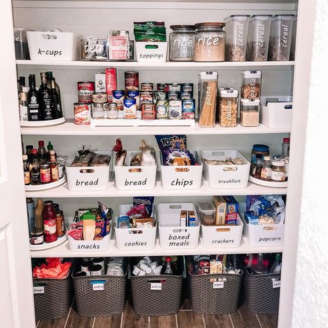 Pantry Organization Home Edit, Realistic Pantry Organization, Can Food Organizer, Pantry Organization White Bins, Pantry Categories Organization, Stock Pile Organization, Dream House Pantry, Pantry Organization Dollar Store, Pantry Transformation