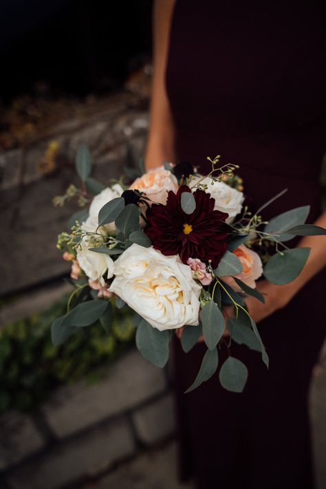 Small Wedding Bouquets Fall, Moody Bridesmaid Bouquet, Black And Maroon Bouquet, Moody Winter Wedding Bouquet, Dark And Moody Bridesmaid Bouquet, Bridal Bouquet Moody, Burgundy Bridal Bouquet Cascade, Moody Burgundy Bouquet, Small Wedding Bouquets