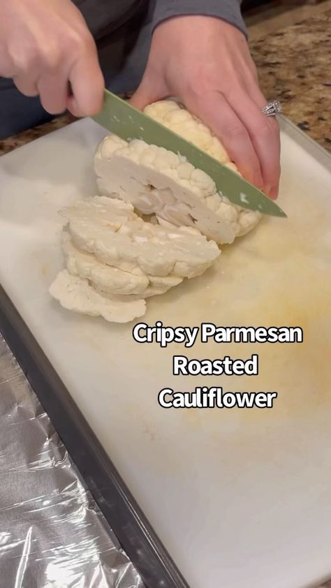 Cauliflower Slices, Parmesan Roasted Cauliflower, Crispy Cauliflower, Olive Oil Spray, Head Of Cauliflower, Keto Side Dishes, Veggie Side Dishes, Cauliflower Recipes, Low Carb Keto Recipes