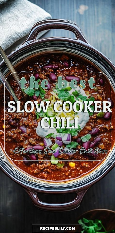 Warm up your kitchen with this delicious slow cooker chili recipe! Perfect for cozy nights, it combines hearty beans, tender meat, and a medley of spices that simmer all day for maximum flavor. Just throw all the ingredients in your slow cooker and let it do the work for you. Whether you're hosting a game night or looking for a family-friendly meal, this chili is a crowd-pleaser. Serve it with cornbread or your favorite toppings for an irresistible meal. Dive into comfort with every flavorful spoonful! Crock Pot Chilli Recipes Slow Cooker, Chilli Recipe Slow Cooker, Crockpot Chilli, Chilli Recipe Crockpot, Slow Cooker Chile, Best Slow Cooker Chili, Slow Cooker Chilli, Crock Pot Chili, Slow Cooker Turkey Chili