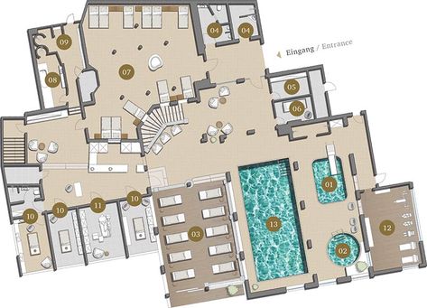 Spa Floor Plan Layout, Spa Plan Architecture Spas, Spa Floor Plan, Spa Layout, Spa Plan, Commercial Building Plans, Japanese Onsen, Resort Plan, Moto Scrambler