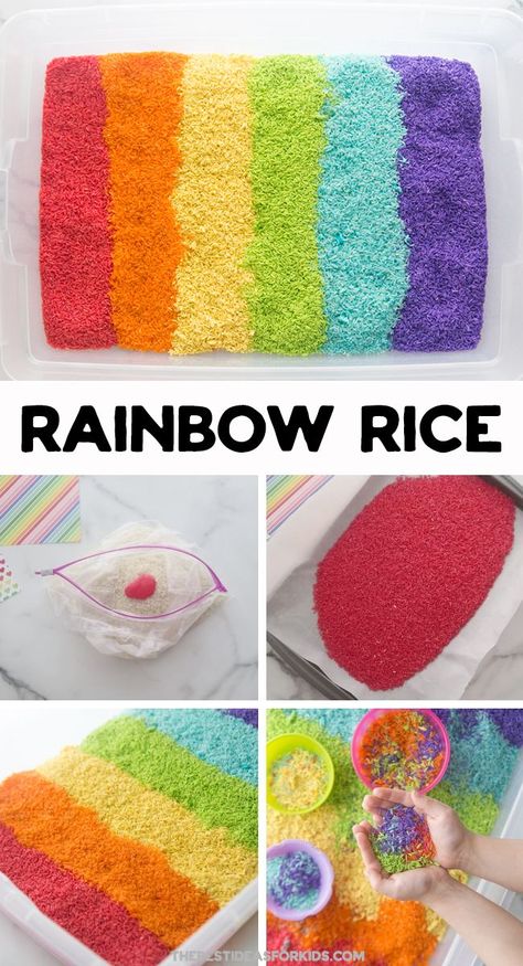 RAINBOW RICE 🌈 - how to make your own rainbow rice. The easiest method for making colored rice - low mess and cost effective. Great for sensory bins for toddlers. Sensory Bins For Toddlers, Preschool Rainbow, Diwali Crafts, Diwali Activities, Easy Toddler Crafts, Rainbow Rice, Sensory Activities Toddlers, Colored Rice, Artificial Christmas Garland