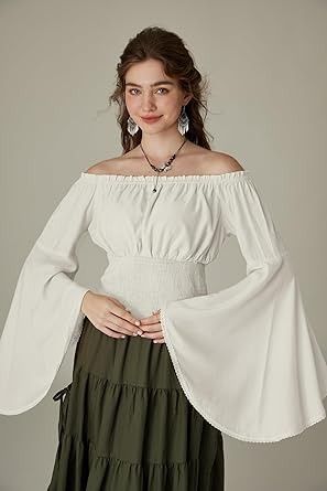 Amazon.com: White Off The Shoulder Tops for Women Peasant Blouse Smocked Long Bell Sleeve Tops Renaissance Pirate Shirts L : Clothing, Shoes & Jewelry Long Sleeve Chiffon Shirt, Medieval Gothic, Peasant Shirt, Bell Sleeve Shirt, Victorian Costume, White Clothing, Pirate Shirts, Corset Fashion, Cream Shirt