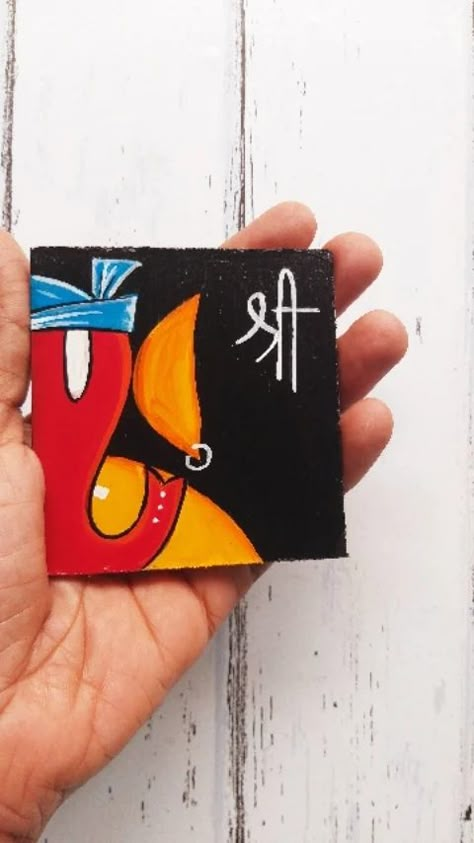 Mini Canvas Art Ganesh, Mini Ganpati Painting, Colourful Easy Painting, Ganesha Fridge Magnet, Small Canvas Ganesha Painting, Easy Ganesha Painting For Kids, Ganesh Chaturthi Painting Ideas, Mini Canvas Ganesha Painting, Canvas Painting Of Ganesha