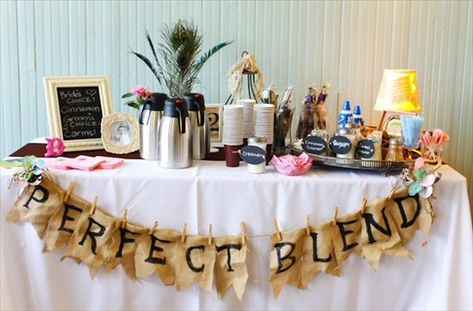 coffee bar wedding perfect blend banner via 7 Things Every Wedding Coffee Bar Needs to Have Rustic Wedding Coffee Bar Ideas, Bridal Shower Coffee Bar Drink Stations, Coffee House Bridal Shower Ideas, Engagement Party Coffee Bar, Coffee Bar For Shower Brunch Wedding, Wedding Hot Chocolate Bar, Coffee Bar Wedding, Bar Wedding Reception, Coffee Bar Design